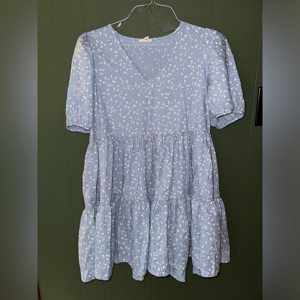 a.n.a baby blue dress with little white details all over.